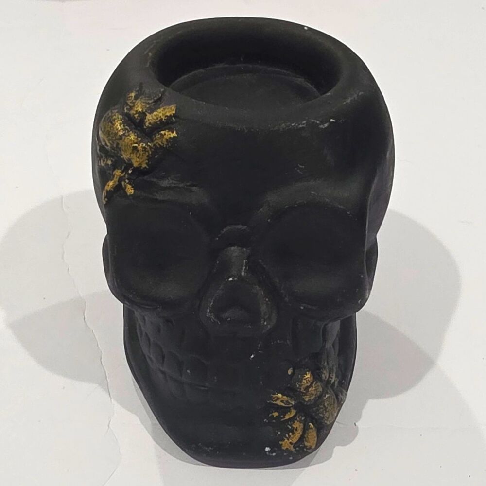 Gothic Skull Tealight Candle Holder, Resin, Black/Gold Matte 3D Effect